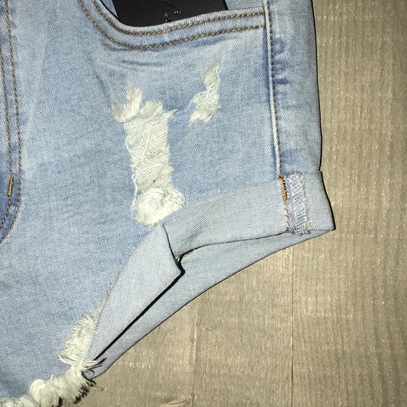 Light Blue Raw Distressed Denim Shorts - Picture 8 of 13